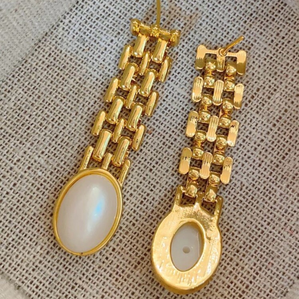 Gold-Tone Oval White Cabochon Drop Earrings